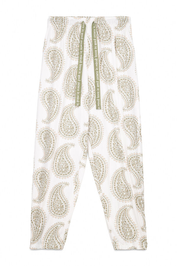 Women'secret Pantalón largo color 100 % algodón con estampado paisley marfil