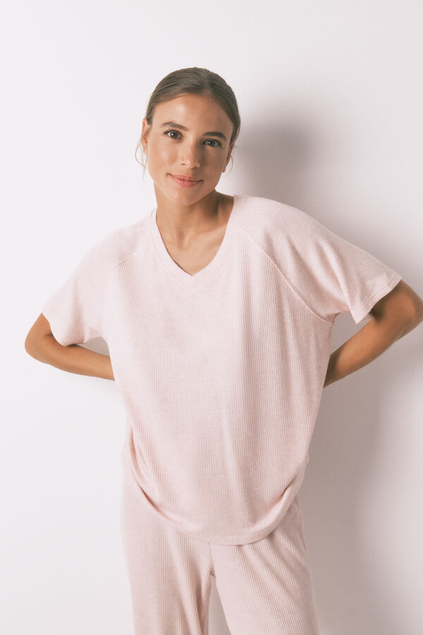 Women'secret Pijama larga de canalé cepillado rosa rosa