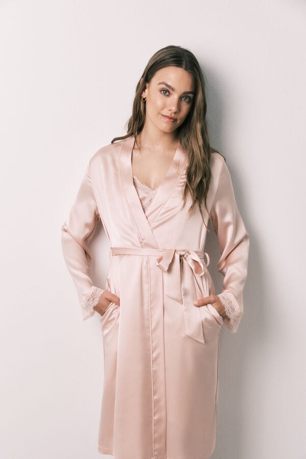 Women'secret Bata midi satinada de encaje manga naranja