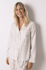 Women'secret Pijama camisera de franela de algodón blanco con estampado de cuadros marfil