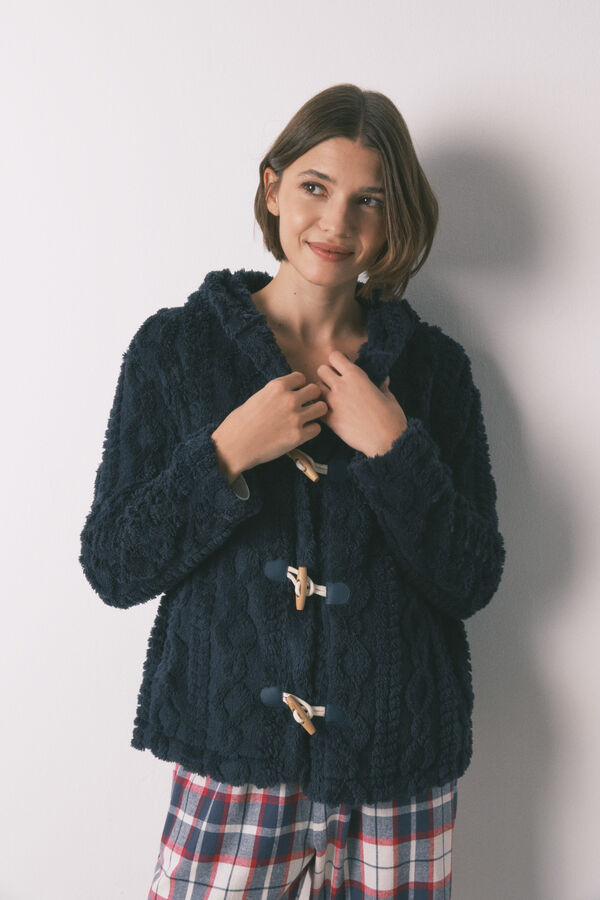 Women'secret Bata corta capucha polar suave azul azul