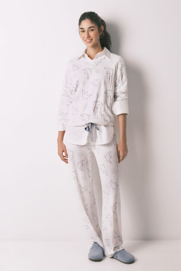 Women'secret Pijama larga acanalada con estampado de p&aacute;jaros blanco blanco
