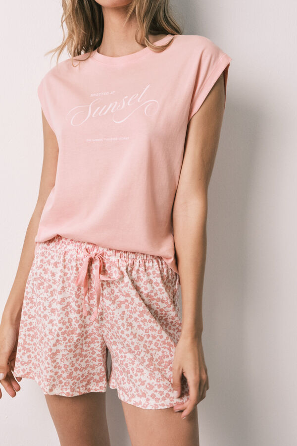 Women'secret Pijama corta de algod&oacute;n rosa con estampado de miniflores rosa