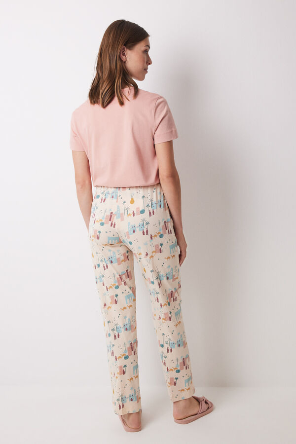 Womensecret Pantalón largo 100% algodón marfil estampado