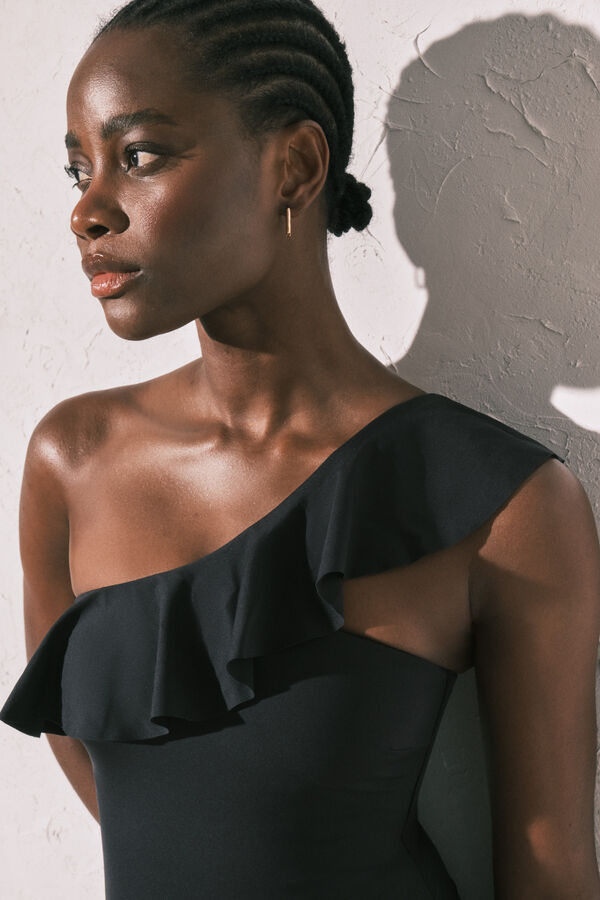 Women'secret Traje de ba&ntilde;o modelador volante asim&eacute;trico negro negro