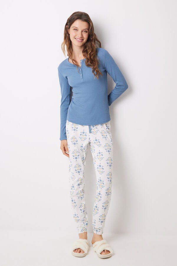Womensecret Pijama larga algodón azul flores azul