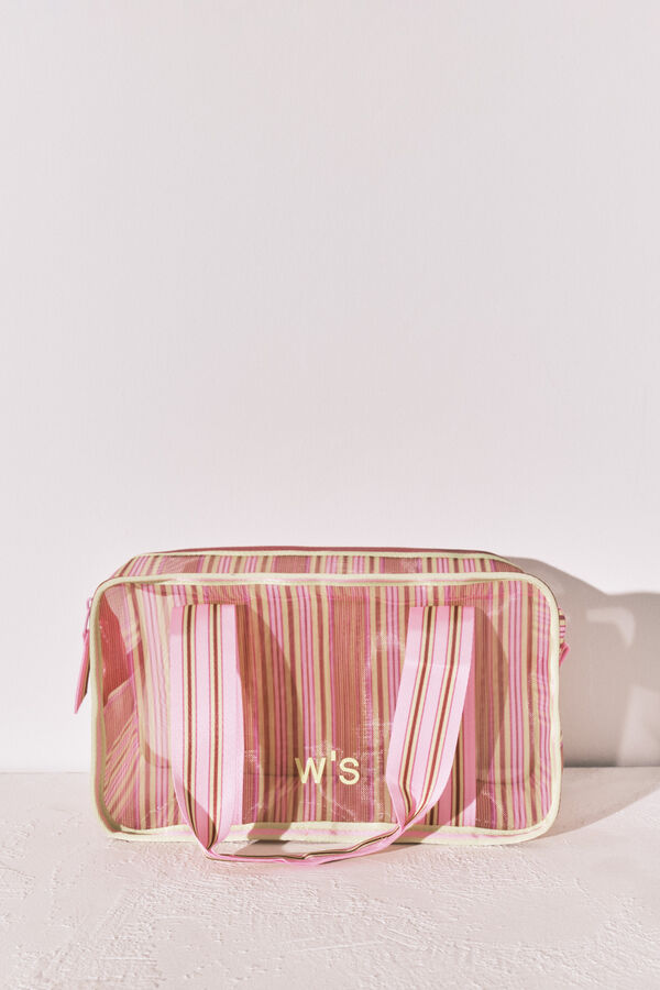 Women'secret Neceser mediano de malla a rayas verde y rosa estampado