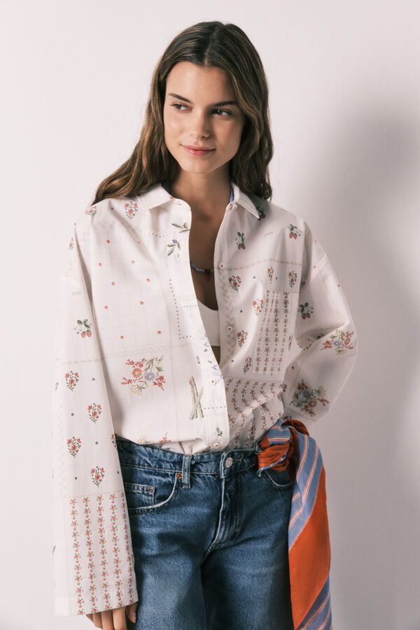 Women'secret Camisa manga larga de popel&iacute;n estampado floral blanco