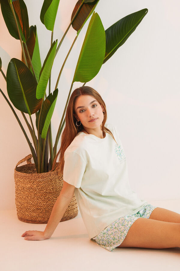 Womensecret Pijama corto 100% algodón verde flores verde