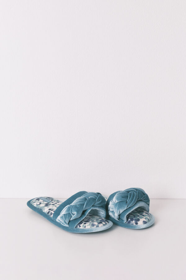 Women'secret Pantuflas para casa de casa abiertas de terciopelo verde verde