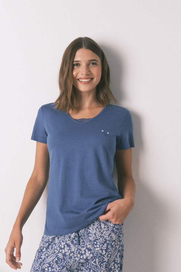 Women'secret Pijama 100% algod&oacute;n con estampado floral azul azul