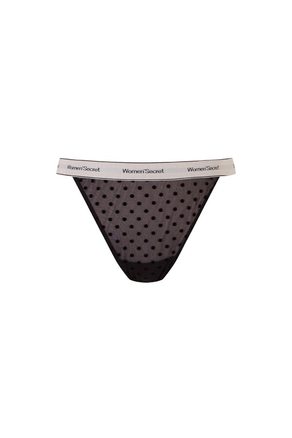 Women'secret Tanga de tul con puntos negro negro