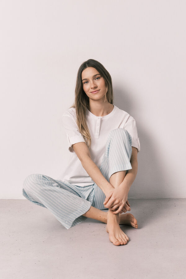 Women'secret Pijama de manga corta y pantal&oacute;n a rayas de algod&oacute;n verde marfil