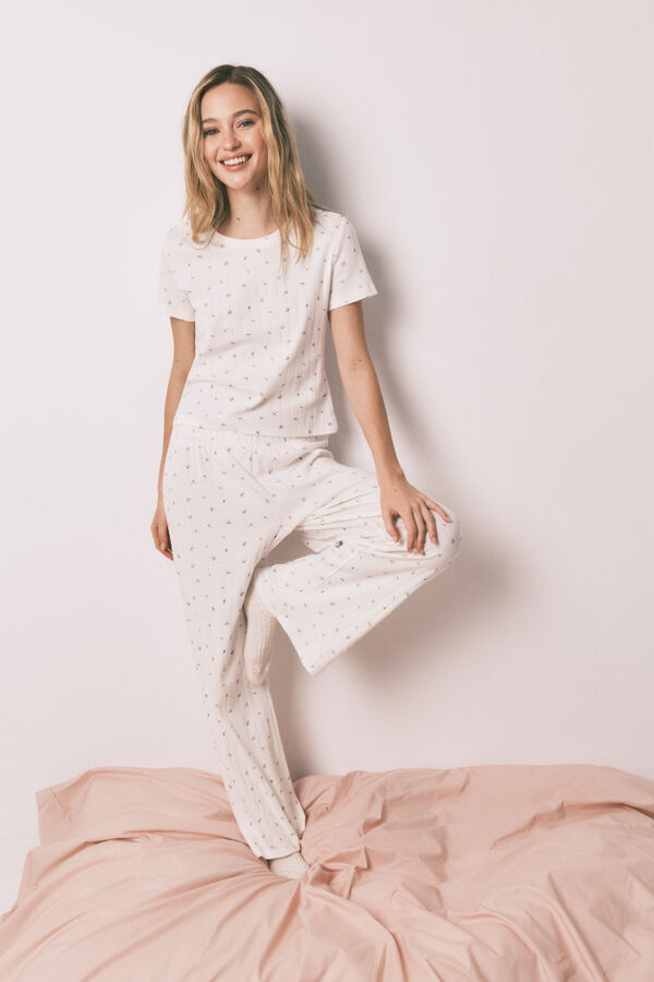 HI&BYE Pijama larga de algod&oacute;n blanca con estampado de miniflores blanco