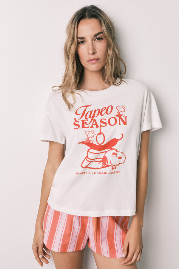 Women'secret Pijama corta de algod&oacute;n Snoopy a rayas estampado