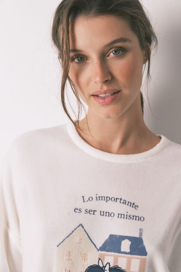Womensecret Pijama larga largo Mafalda de forro polar con cuadros vichy marfil
