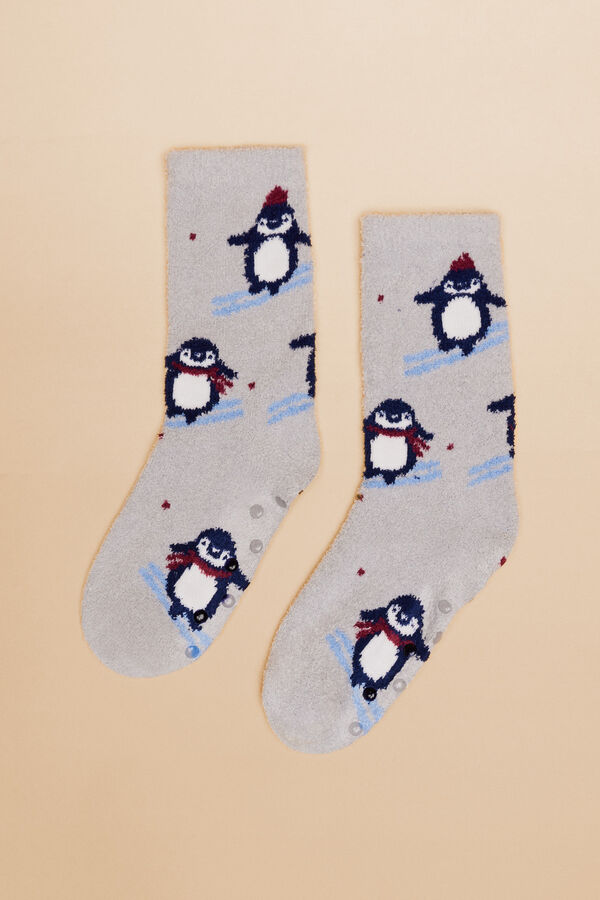 Womensecret Calcetines pelo estampado pingüinos gris