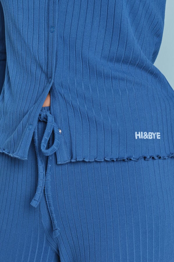 HI&BYE Pijama larga algodón acanalado azul estampado