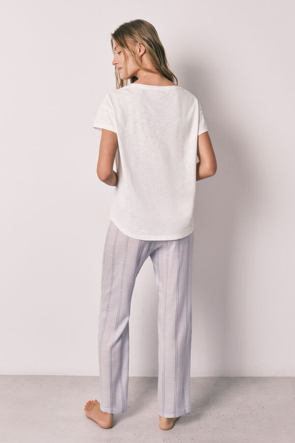 Women'secret Pijama larga de algod&oacute;n de rayas lila de manga corta marfil