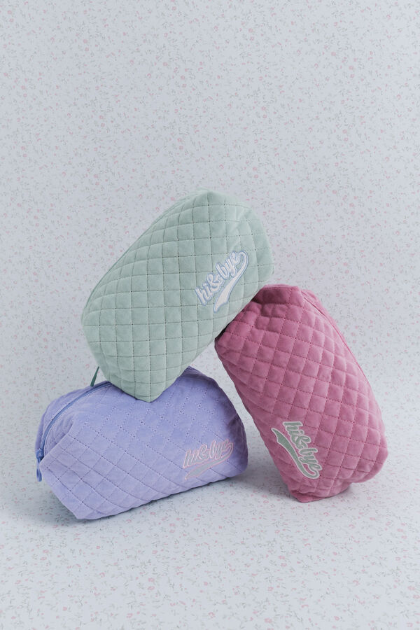 HI&BYE Neceser de terciopelo terciopelo claro con logo bordado azul