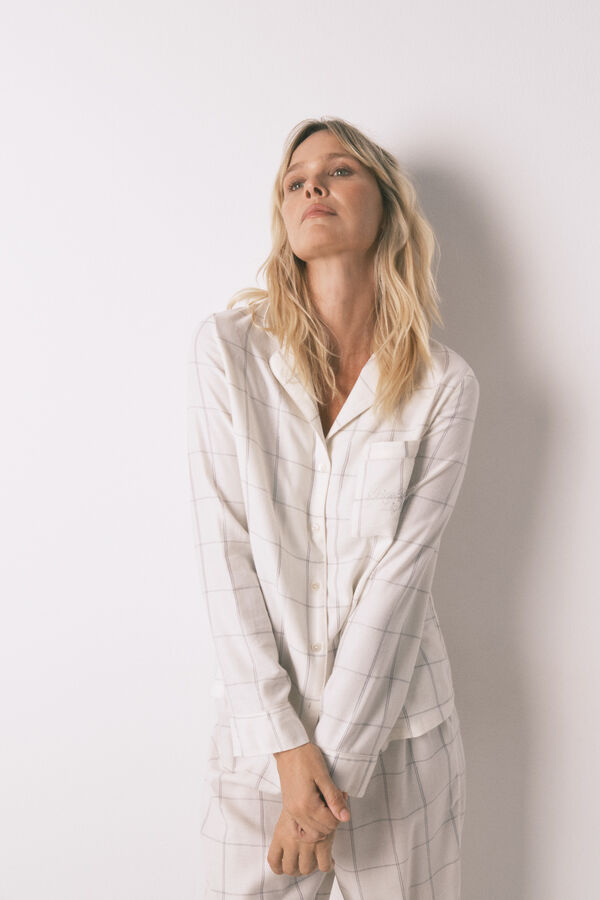 Women'secret Pijama camisera de franela de algodón blanco con estampado de cuadros marfil