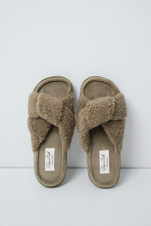 Women'secret Pantunflas de nudo borreguito verde kaki