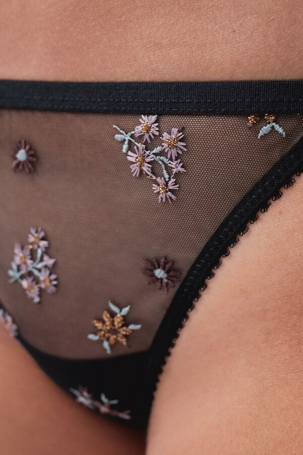 Women'secret Tanga de encaje bordado de flores negro negro