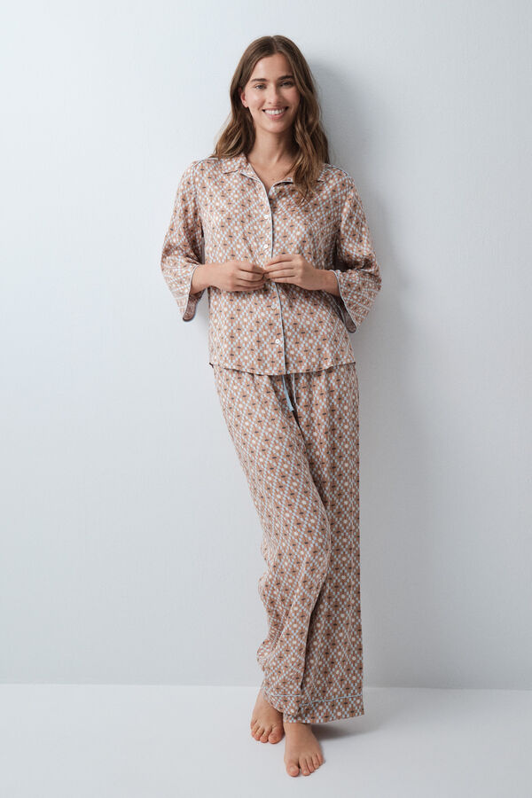 Women'secret Pijama larga camisera de sat&eacute;n estampado geom&eacute;trico beige