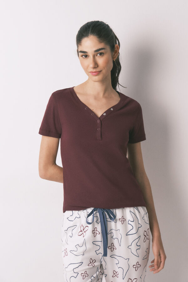 Women'secret Playera manga corta de algod&oacute;n acanalado vino p&uacute;rpura