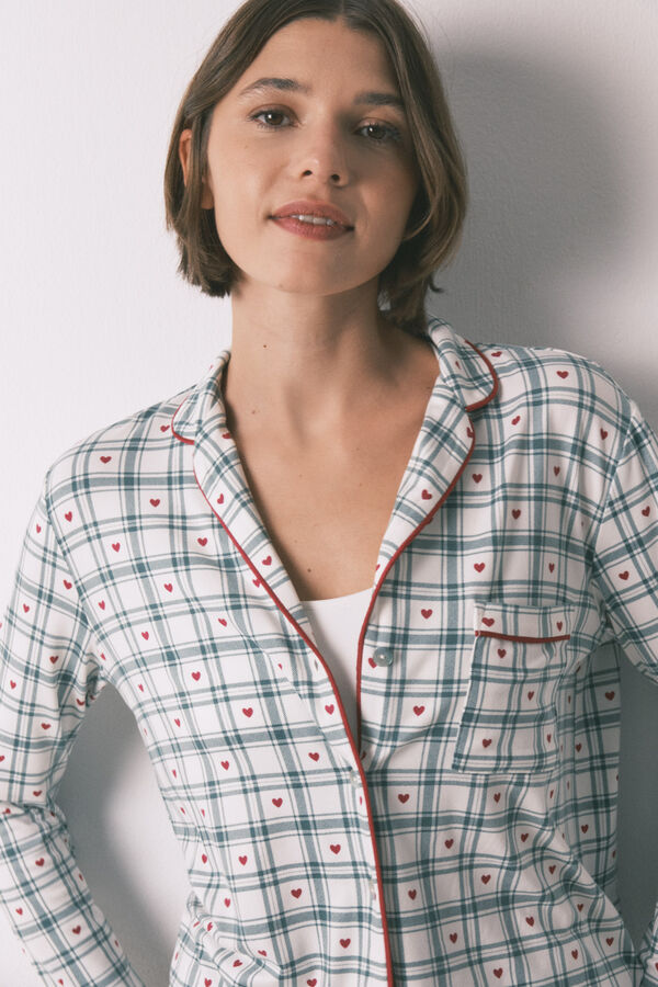 Women'secret Pijama camisera largo con estampado de cuadros verdes estampado