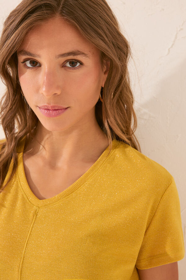 Womensecret Playera de manga corta acanalada con lurex dorado amarillo