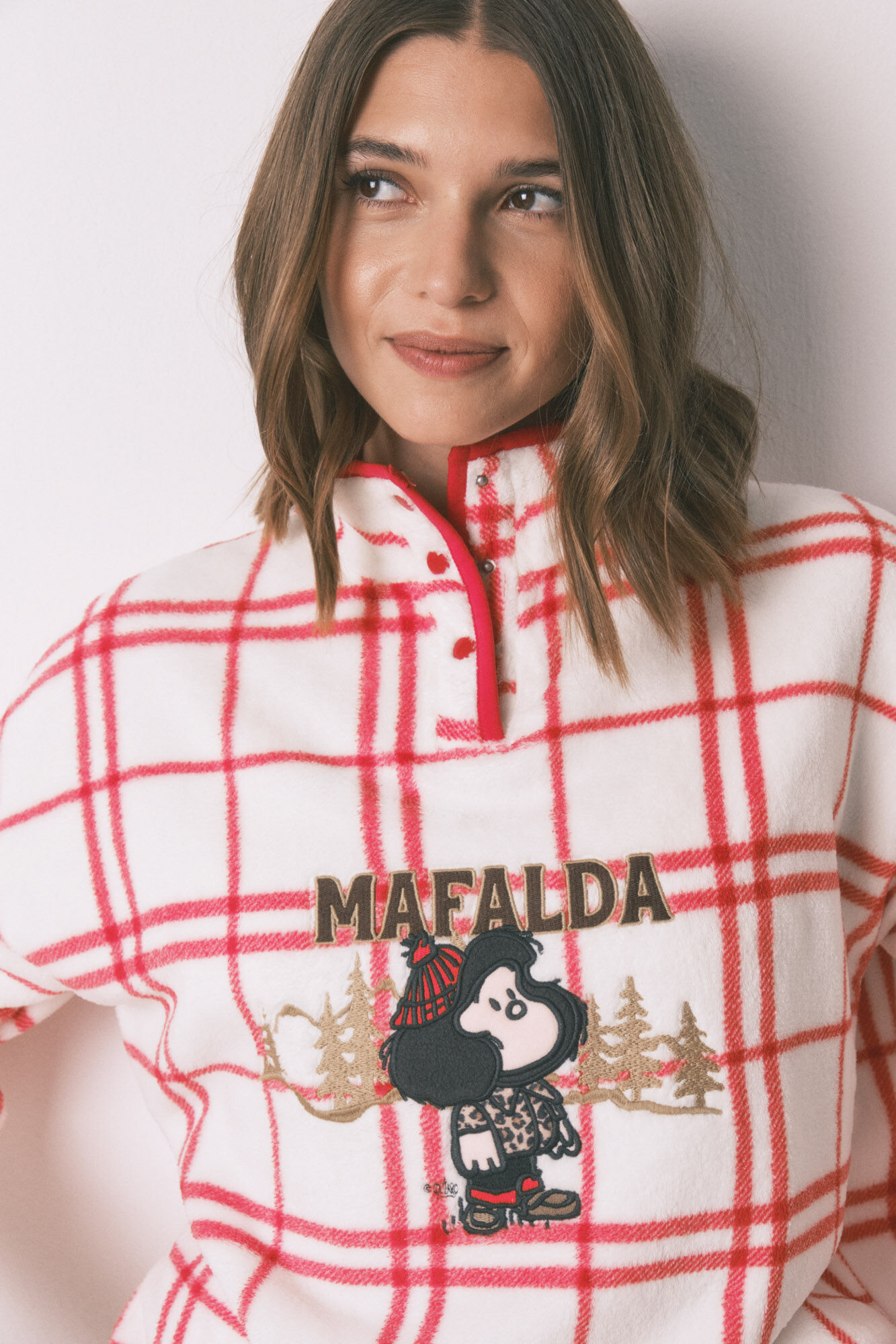 Women'secret Pijama larga largo de forro polar a cuadros blancos Mafalda