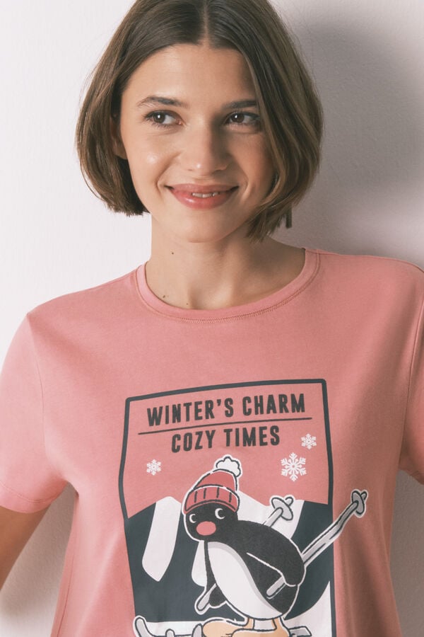 Women'secret Pijama larga 100% algodón rosa Pingu rosa