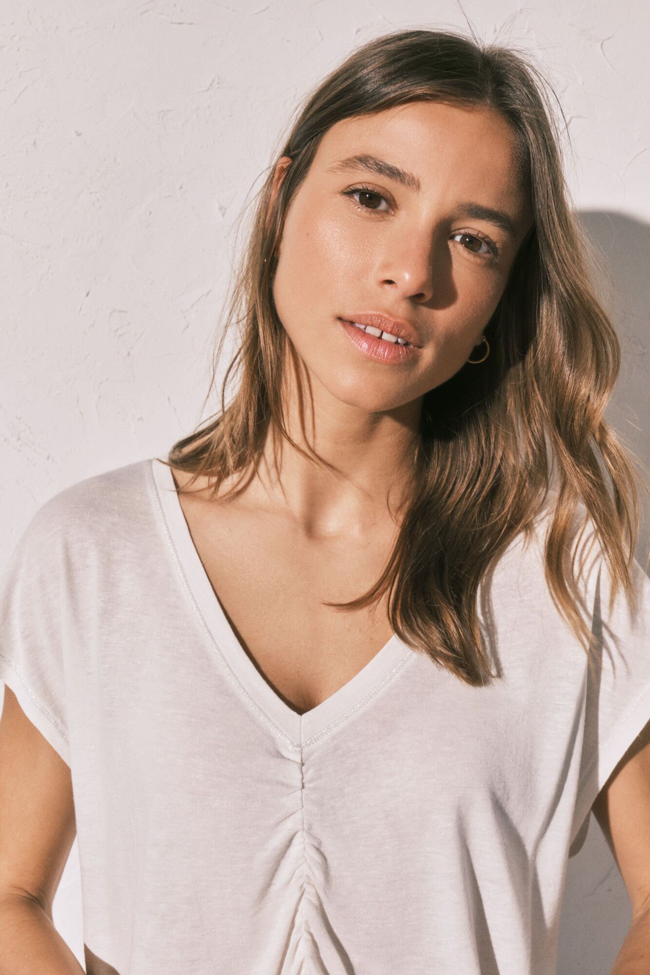 Women'secret Playera corta de viscosa y lino beige