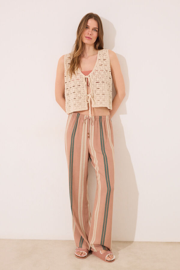 Womensecret Pantalón de viscosa con estampado de rayas marrones café
