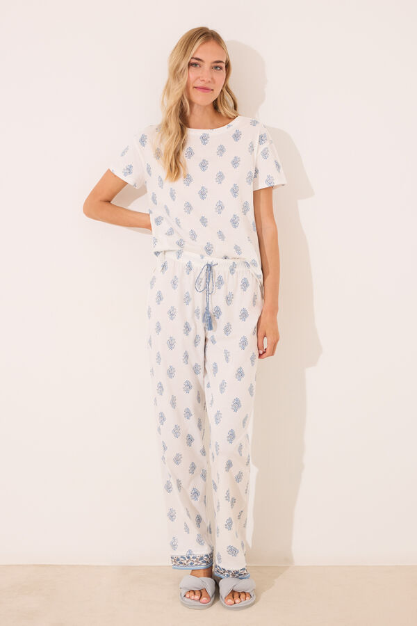 Womensecret Pijama larga blanco con estampado paisley 100 % algodón blanco