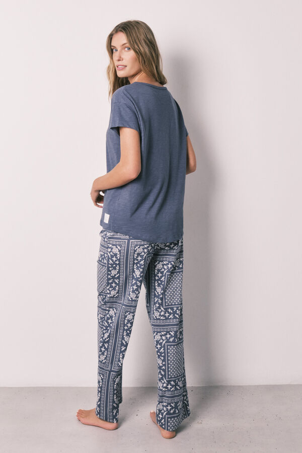 Women'secret Pijama larga de algod&oacute;n de manga corta azul con estampado de bandana azul