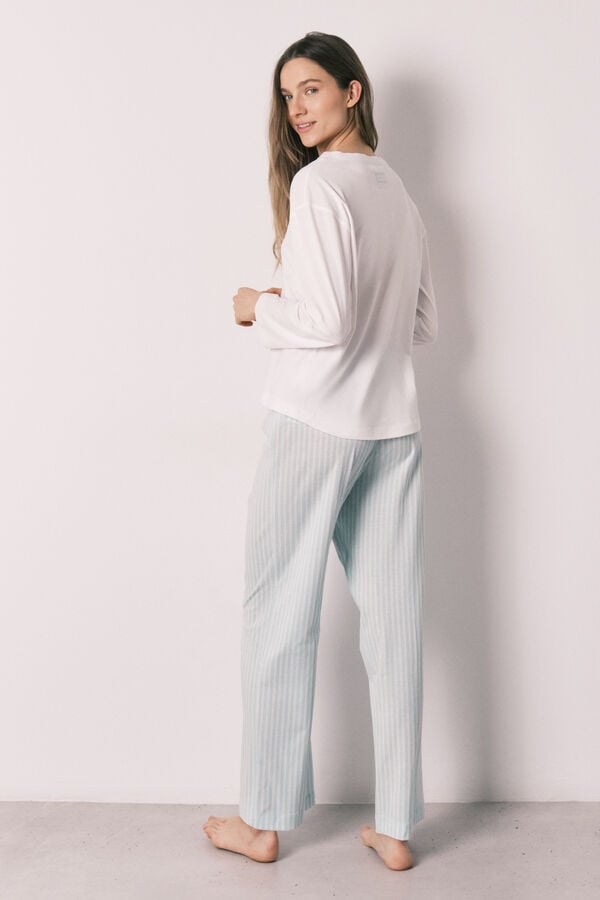 Women'secret Pijama larga de algod&oacute;n pantal&oacute;n a rayas verde marfil