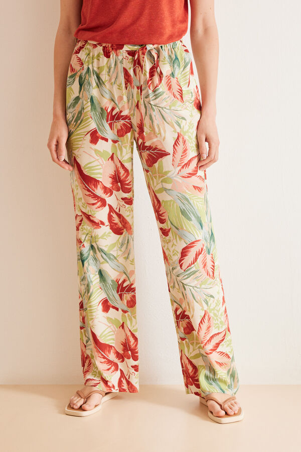 Womensecret Pantalón largo fluido tropical estampado