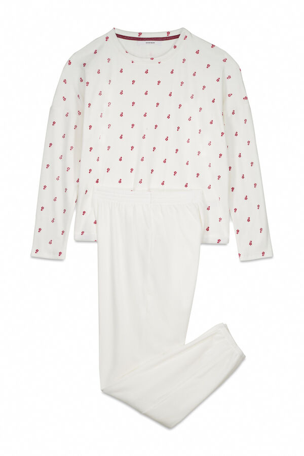 Women'secret Pijama larga de terciopelo blanco con flores. marfil