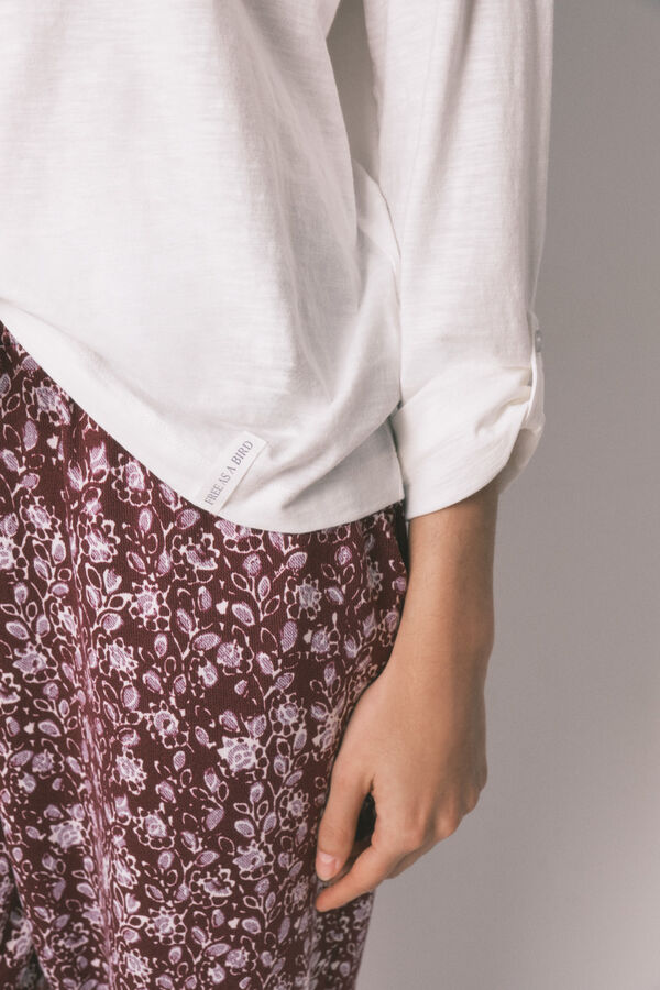 Women'secret Playera manga larga de 100% algod&oacute;n blanca marfil