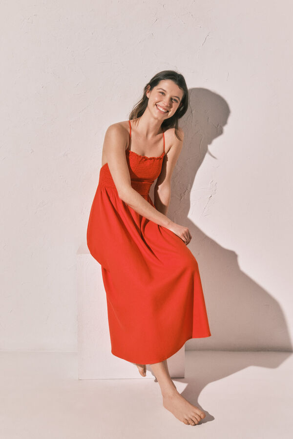 Women'secret Vestido largo de lino naranja coral