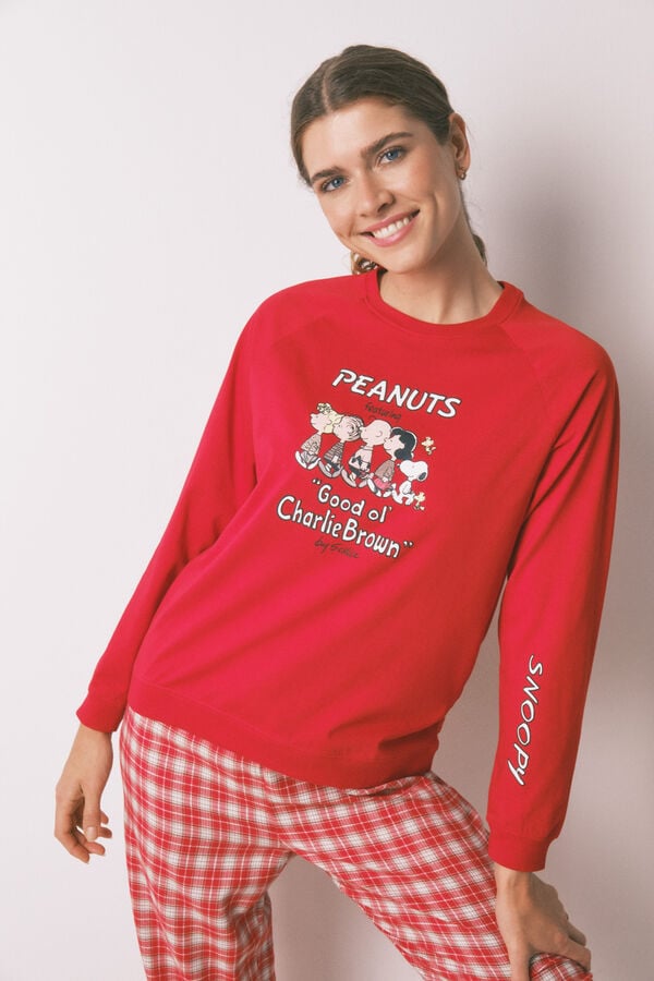Women'secret Pijama larga 100% algod&oacute;n con estampado de cuadros de Snoopy rojo
