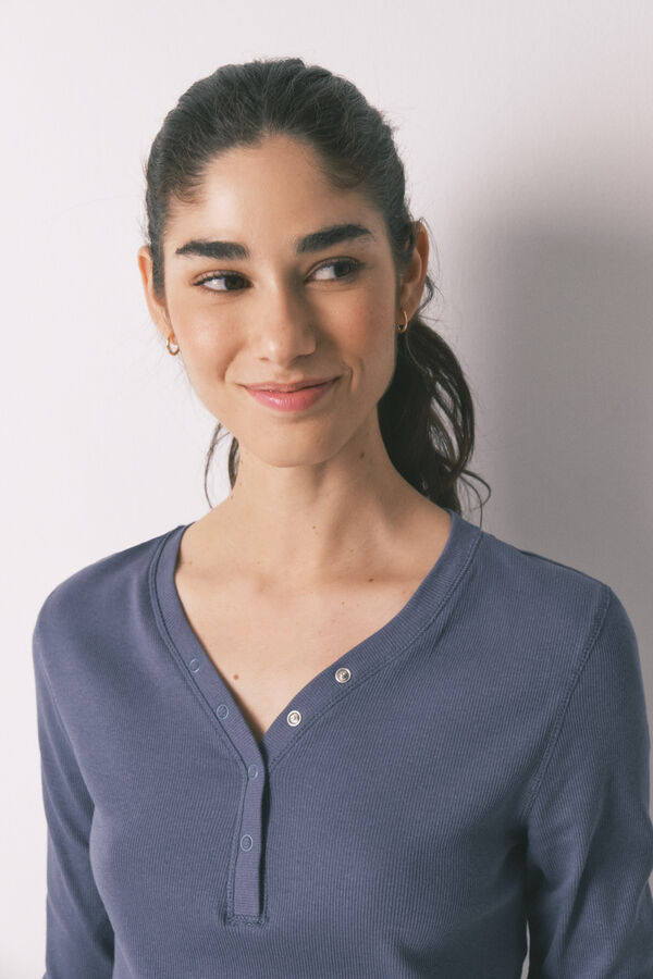 Women'secret Playera manga larga acanalada de algod&oacute;n azul azul