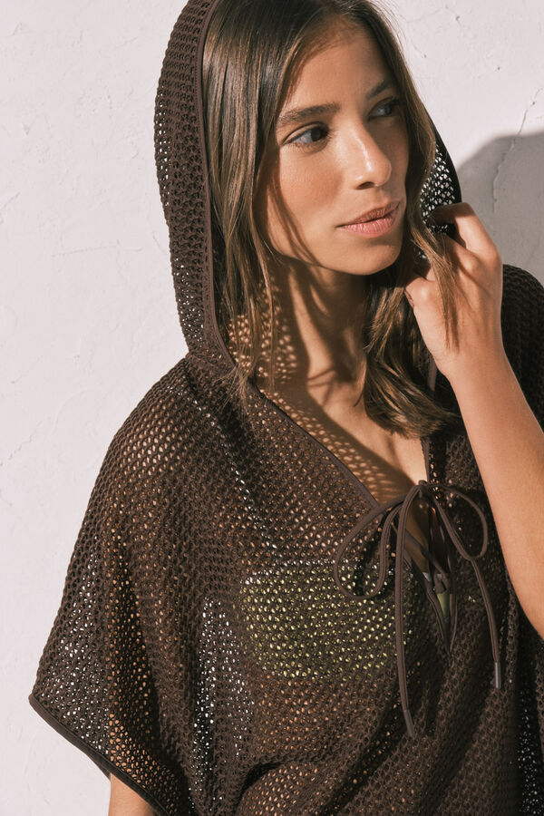 Women'secret T&uacute;nica corta con capucha de punto marr&oacute;n caf&eacute;