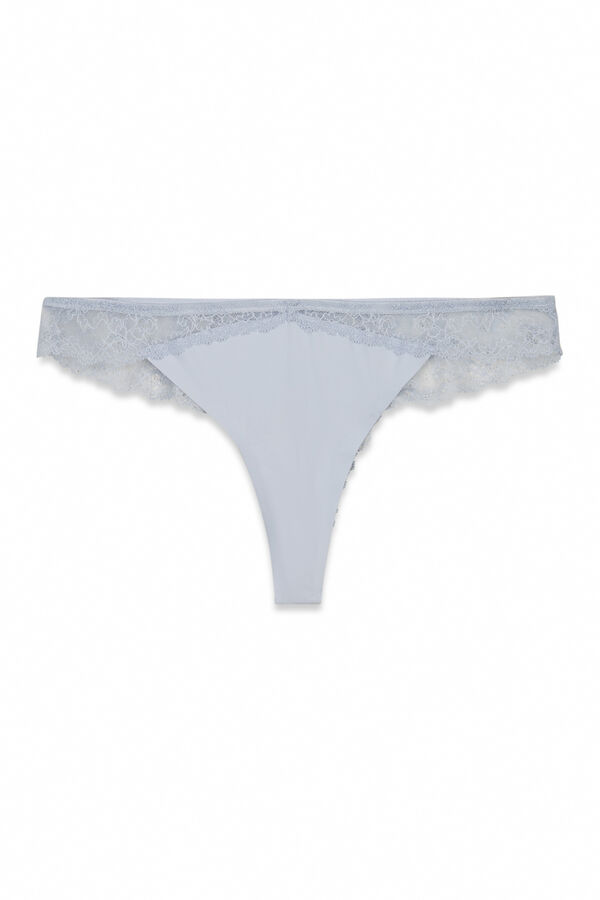 Women'secret Tanga de microfibra y encaje azul azul