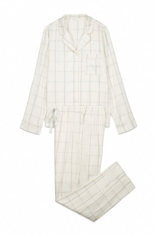 Women'secret Pijama camisera de franela de algodón blanco con estampado de cuadros marfil
