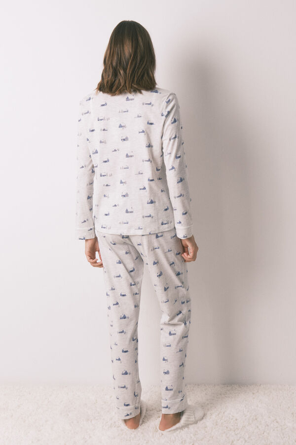 Women'secret Pijama camisera gris 100% algodón con estampado de casas gris