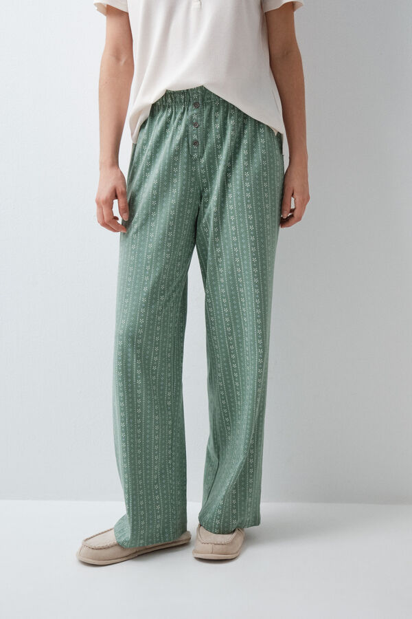 Women'secret Pantal&oacute;n largo de algod&oacute;n con estampado floral verde verde