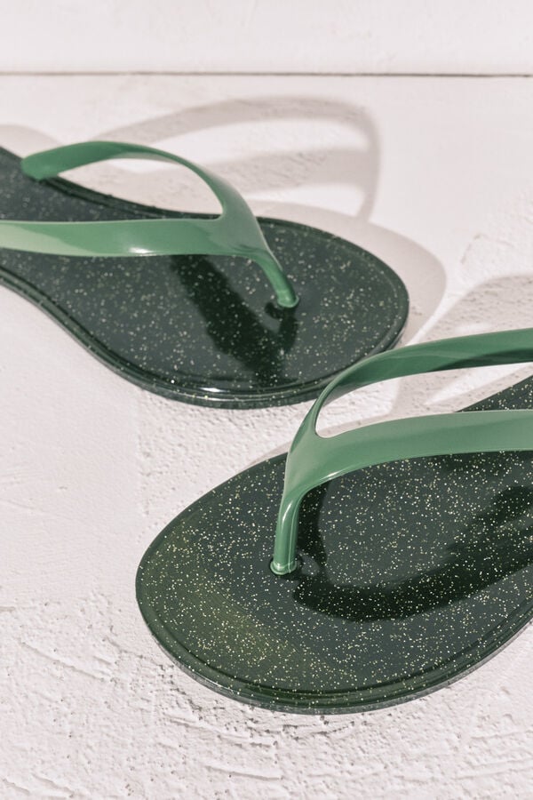 Women'secret Chanclas de dedo efecto brillo glitter verde kaki